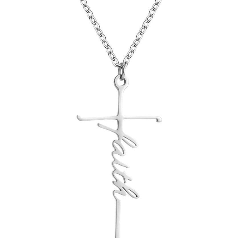 Beautiful Faith pendant necklace this image is the silver tone style with a white background. Beautiful Stye Of ross for those who appreciate Christ.