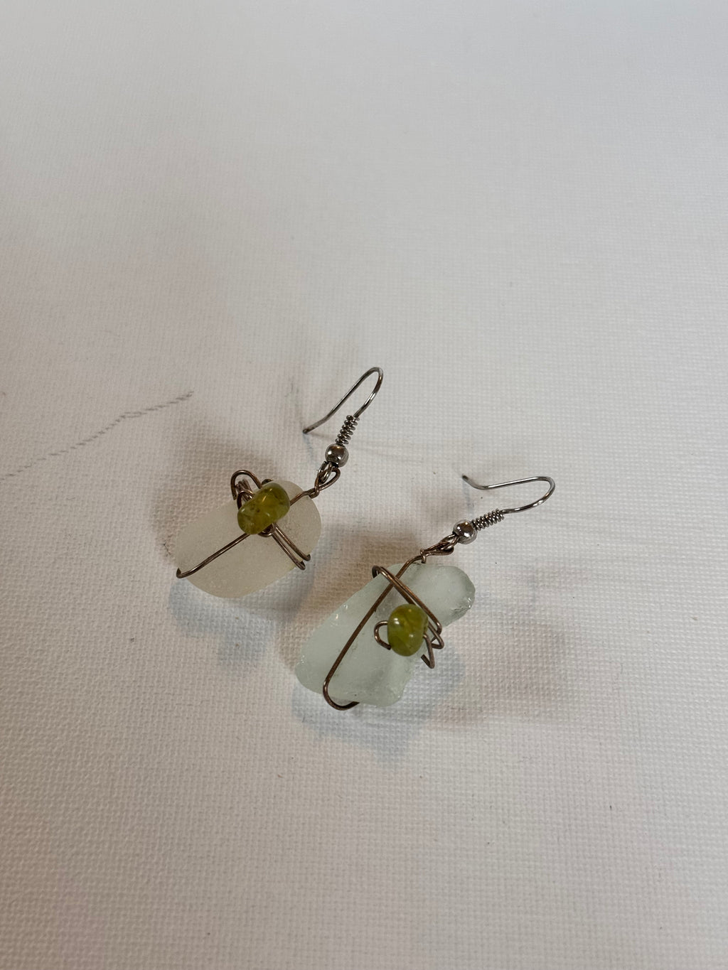 Sea Glass & Green Stone Wire-Wrapped Drop Earrings