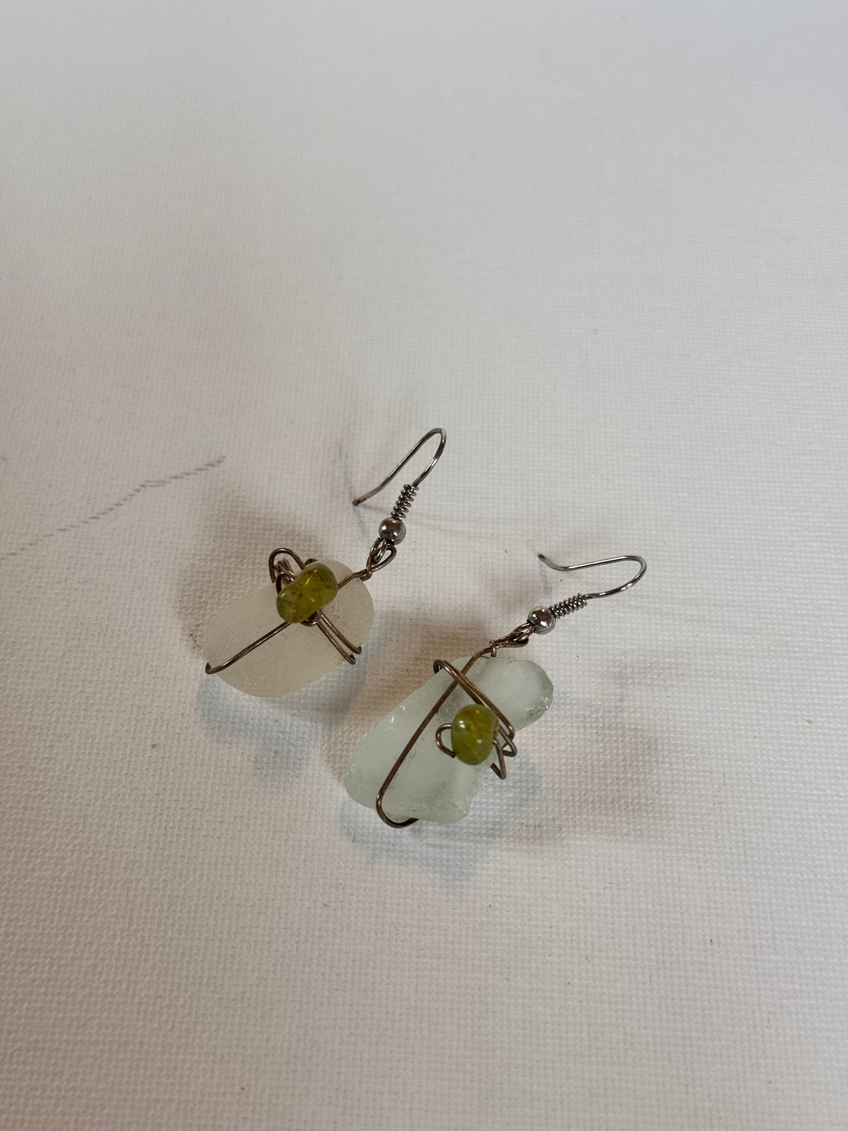 Sea Glass & Green Stone Wire-Wrapped Drop Earrings