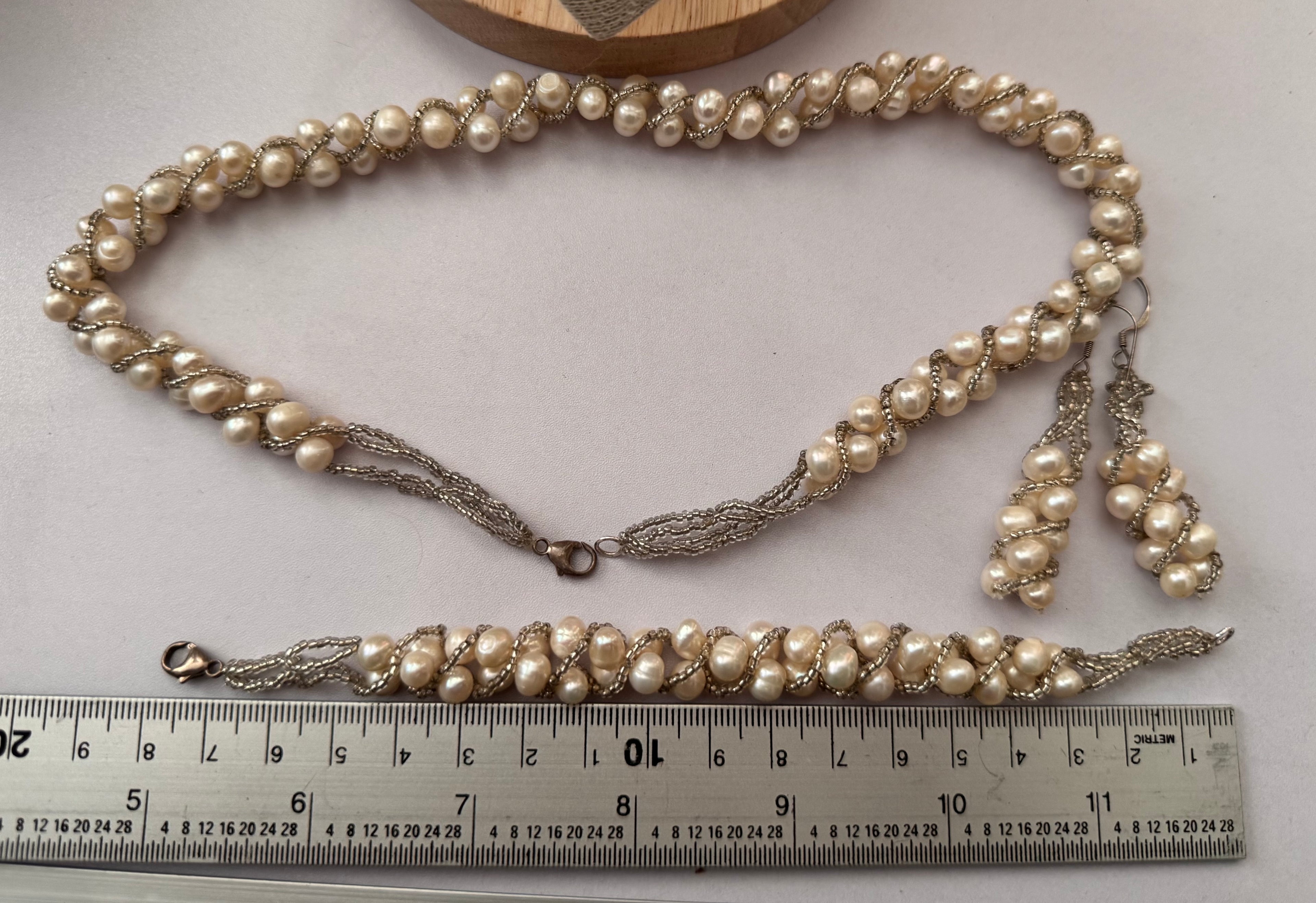 Vintage Real Pearl Jewellery Set | Twisted Necklace, Bracelet & Earrings | Sterling Silver | English Rose