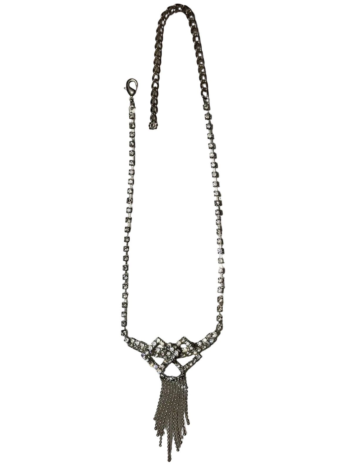 Silver Diamanté Riviera Necklace with Fringe & Bow | Gift Boxed