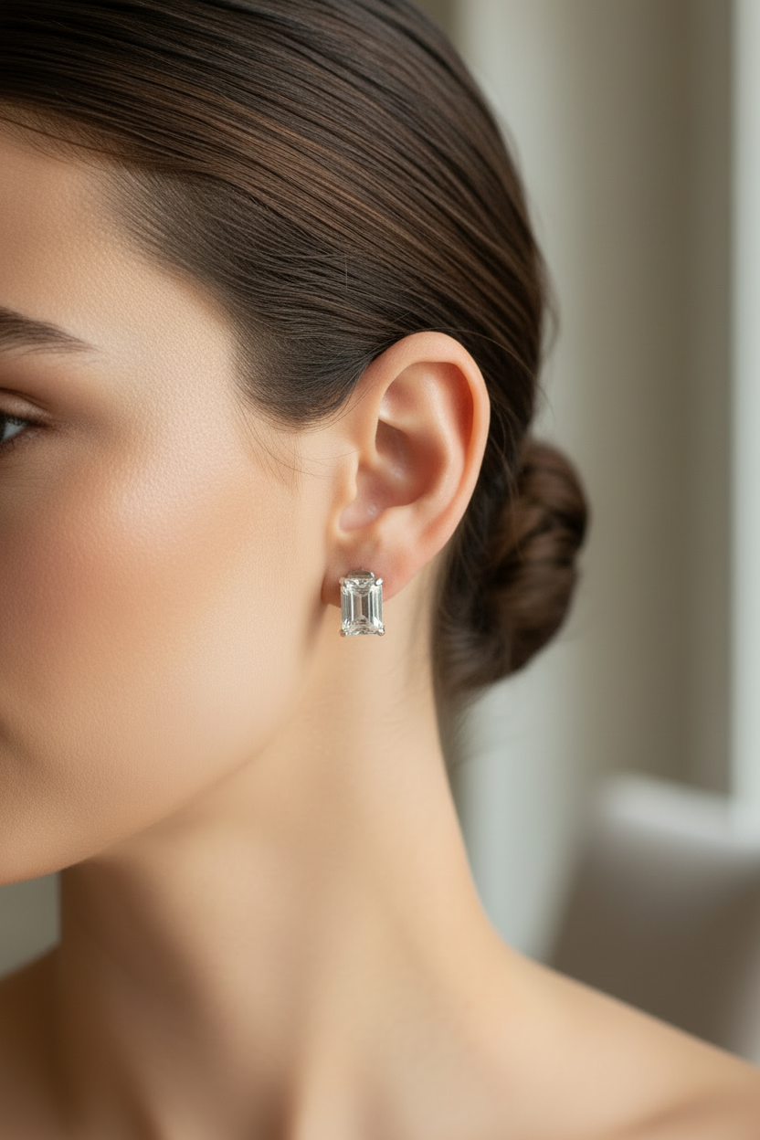 Sterling Silver Emerald-Cut CZ Stud Earrings | Star Cut-Out Bezel | S925 | Butterfly Backs