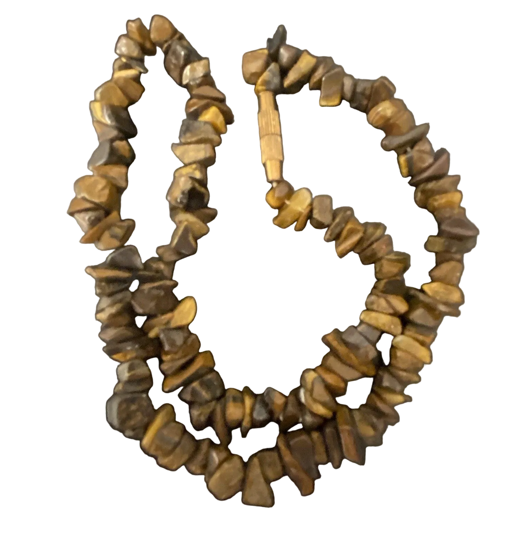 A chunky natural stone bead necklace made of irregular polished tiger's eye chips in shades of golden brown and dark brown, displayed on a clean white background.
Image 1 = background removed, real item, clasp accurate ✅