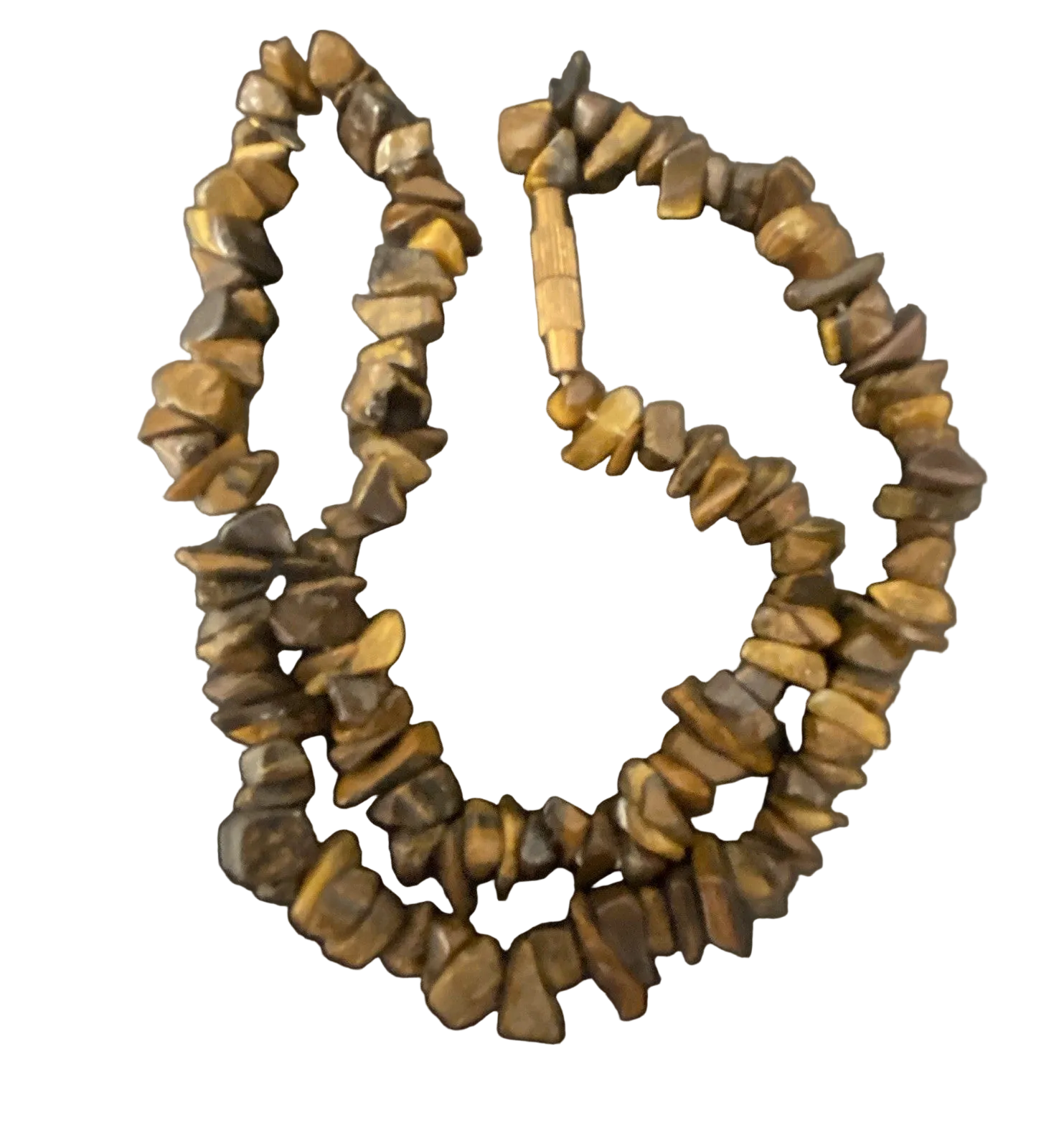 A chunky beaded necklace made of irregular tiger's eye stone chips, featuring a natural golden-brown color with darker brown streaks, displayed on a solid white background.
This image has had the background removed by AI