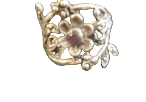 Antique Sterling Silver Ring 925 Open work Flower & Leaf size N.5