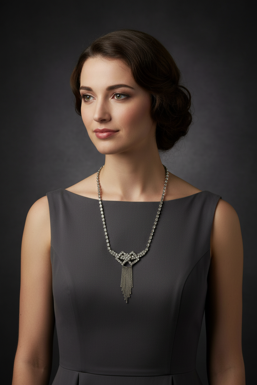 Silver Diamanté Riviera Necklace with Fringe & Bow | Gift Boxed
