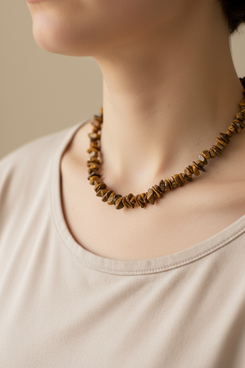 A close-up of a person wearing a chunky natural stone necklace made of brown and gold tiger's eye chips, paired with a beige crewneck top. This image is an ai projection of the look. wearing the necklace
Image 5 = AI lifestyle image.