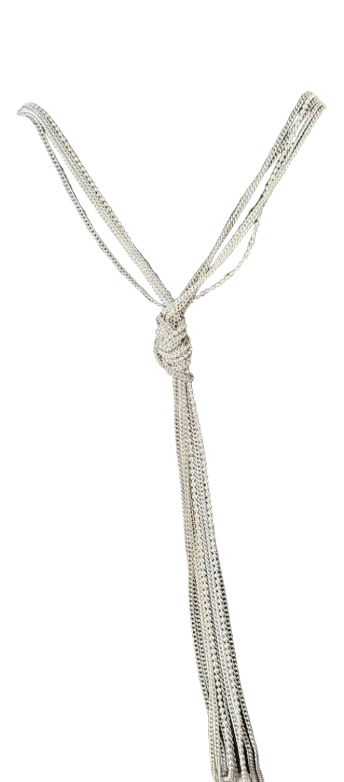 A silver-toned snake chain necklace with a knotted tassel design, shown against a plain white background.