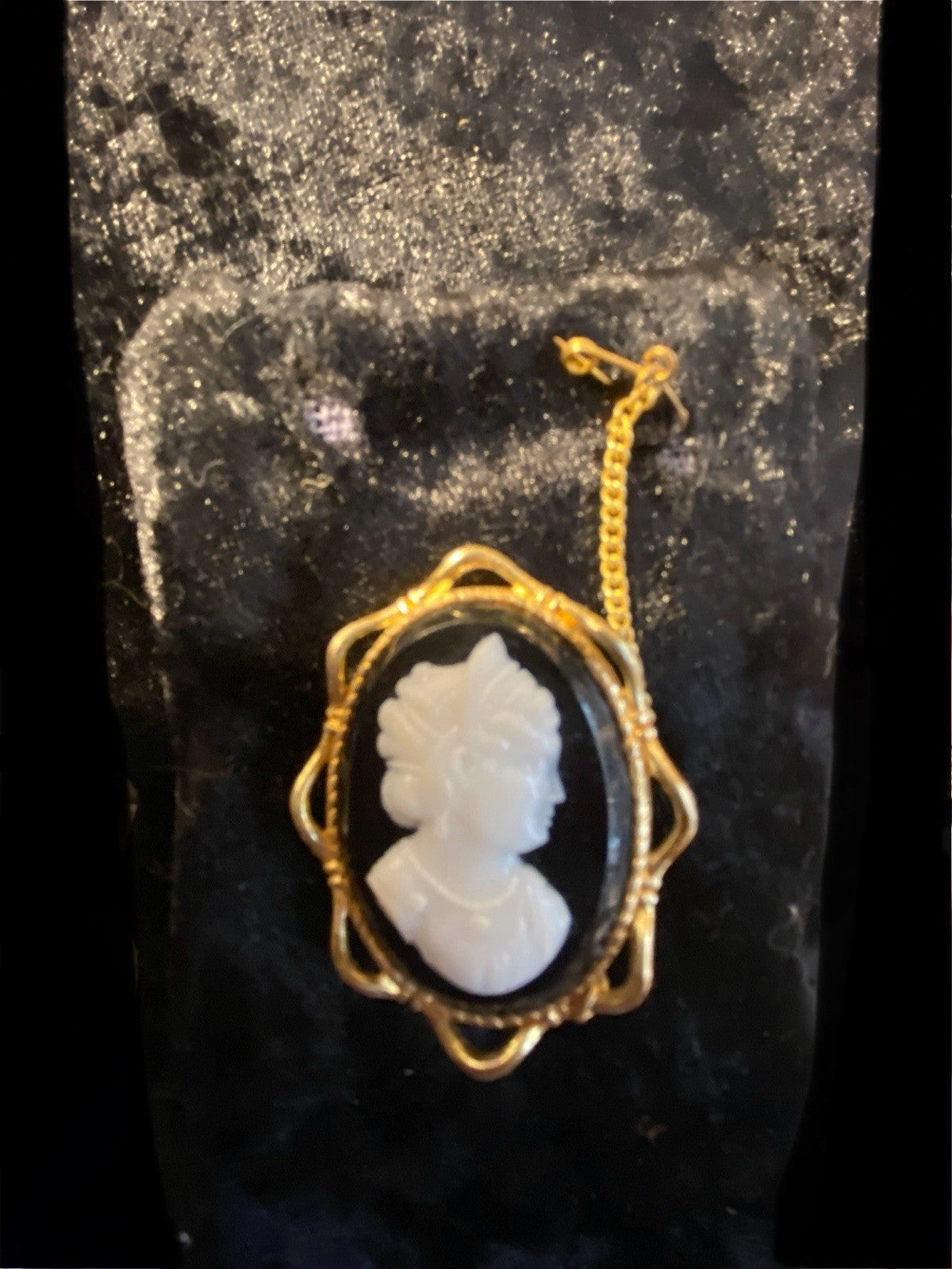 A vintage-style rolled gold cameo pendant brooch with a white carved profile of a woman on a black oval background, hanging against a dark textured backdrop.
