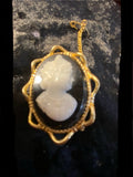 Vintage 1950s Rolled Gold Cameo Brooch | Black & White Classical Portrait Scarf Pin