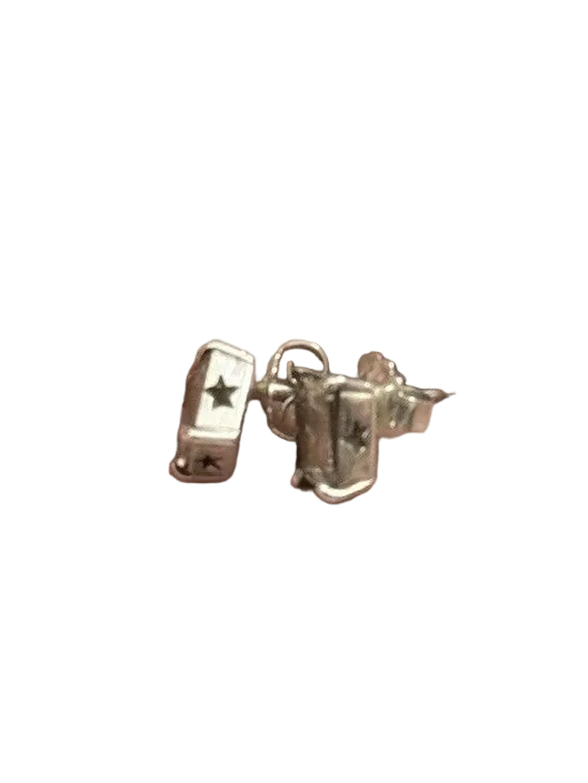 A pair of silver stud earrings oblong in shape with a silver bezel with stars cut out of the bezels, both featuring the  star detail, shown on a plain clear background.