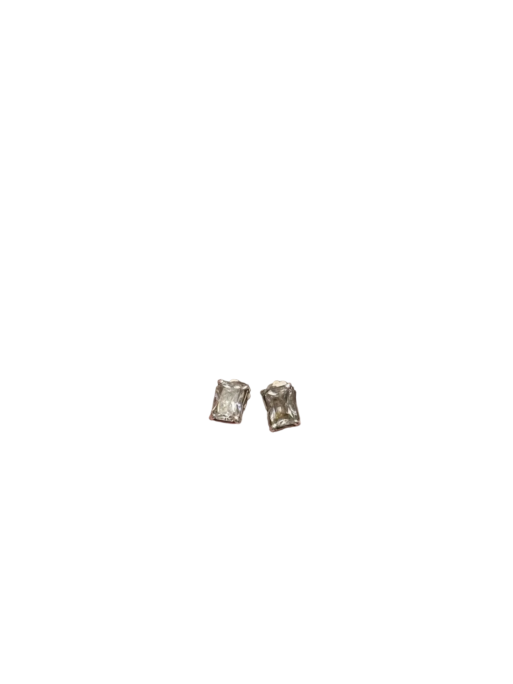 A pair of small rectangular stud earrings with a sterling bezels, shown on a clear background.