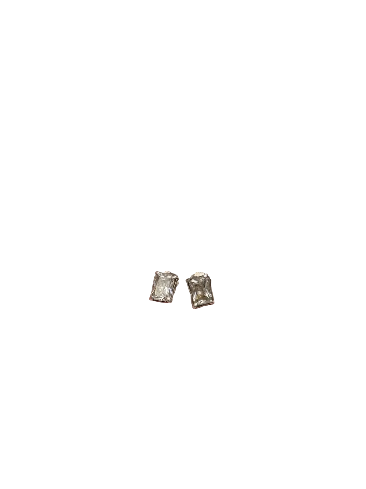 A pair of small rectangular stud earrings with a sterling bezels, shown on a clear background.