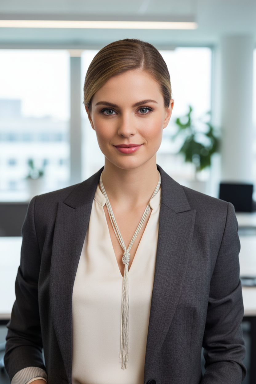 A professional woman with blonde hair pulled back, wearing a dark gray blazer over a cream-colored blouse with a long tassel Y shaped Lariat necklace on, to give an idea how it looks on. This person is in an office and this image is an Ai altered image.