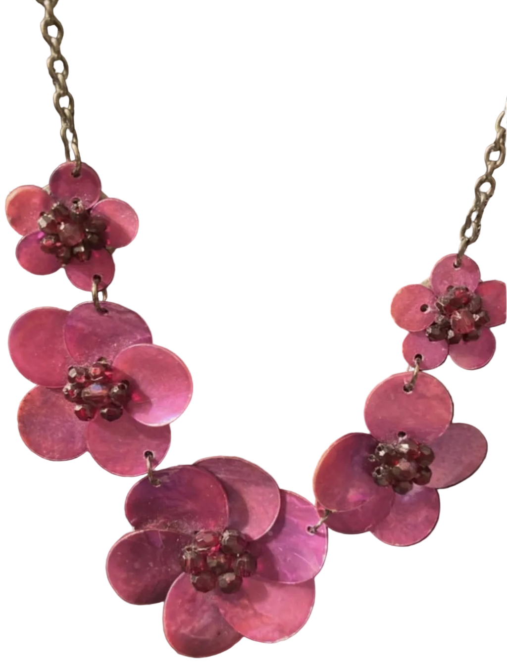 Vintage Handmade Pink Shell Flower Necklace on Princess Length Chain