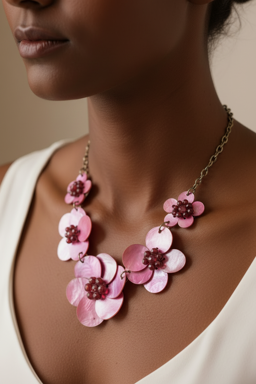 Vintage Handmade Pink Shell Flower Necklace on Princess Length Chain