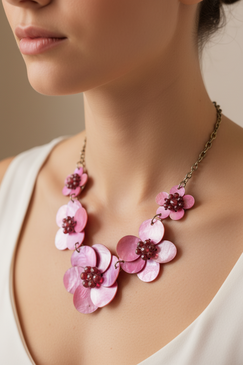 Vintage Handmade Pink Shell Flower Necklace on Princess Length Chain