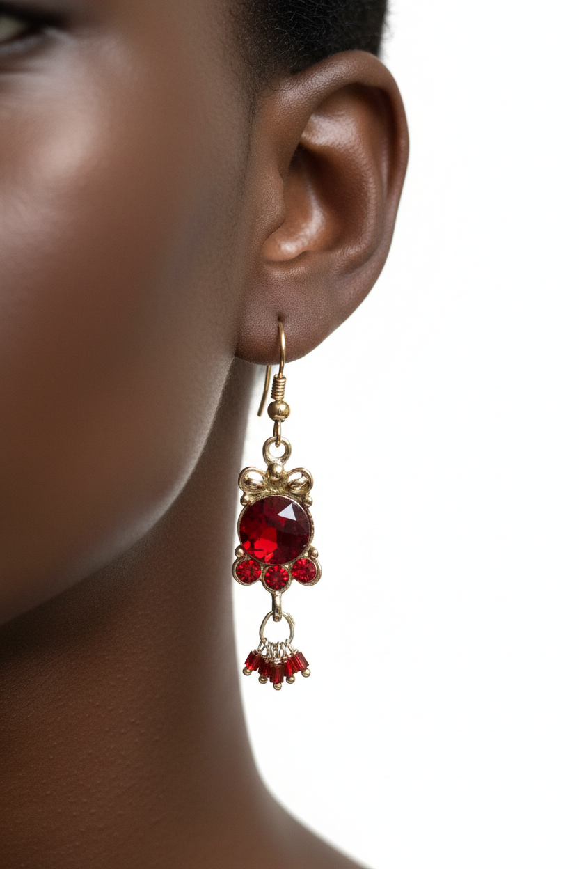 Vintage Silver Tone Graduating Red Crystal Drop Earrings