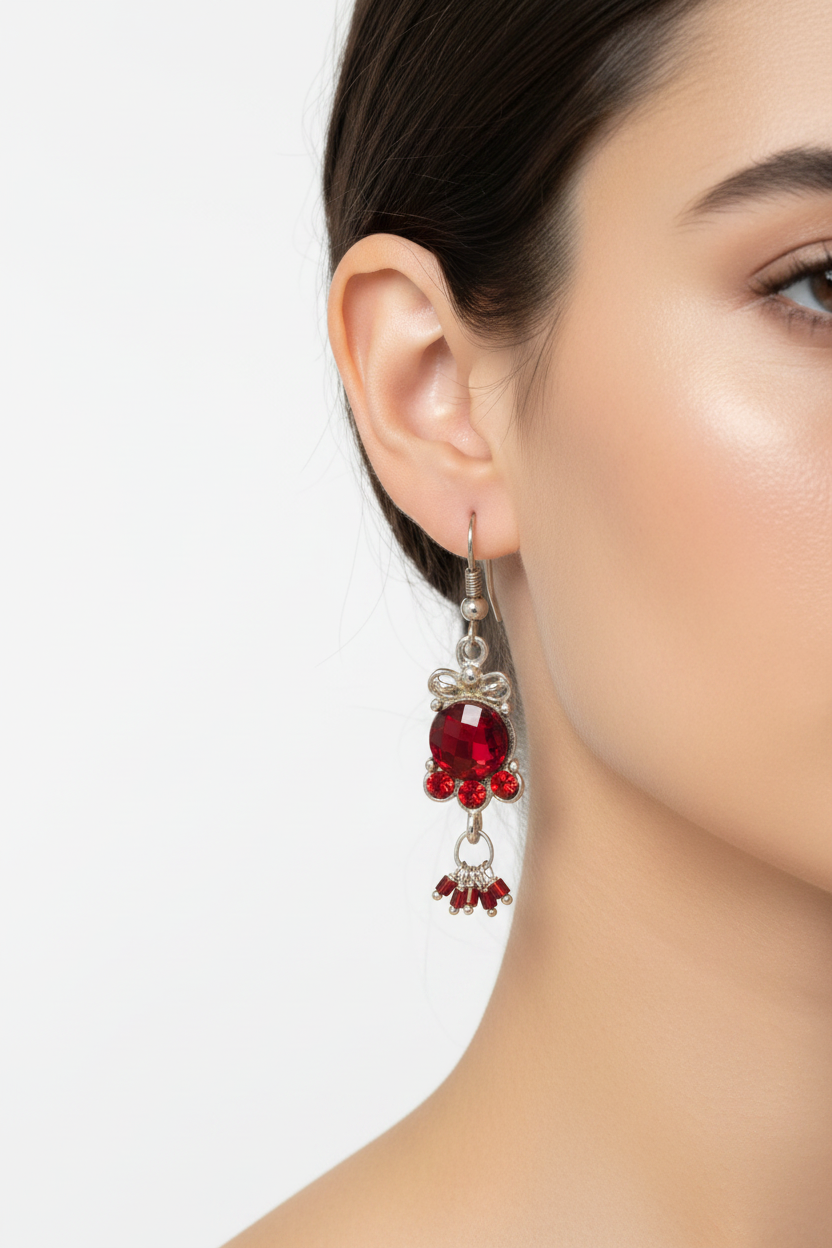 Vintage Silver Tone Graduating Red Crystal Drop Earrings