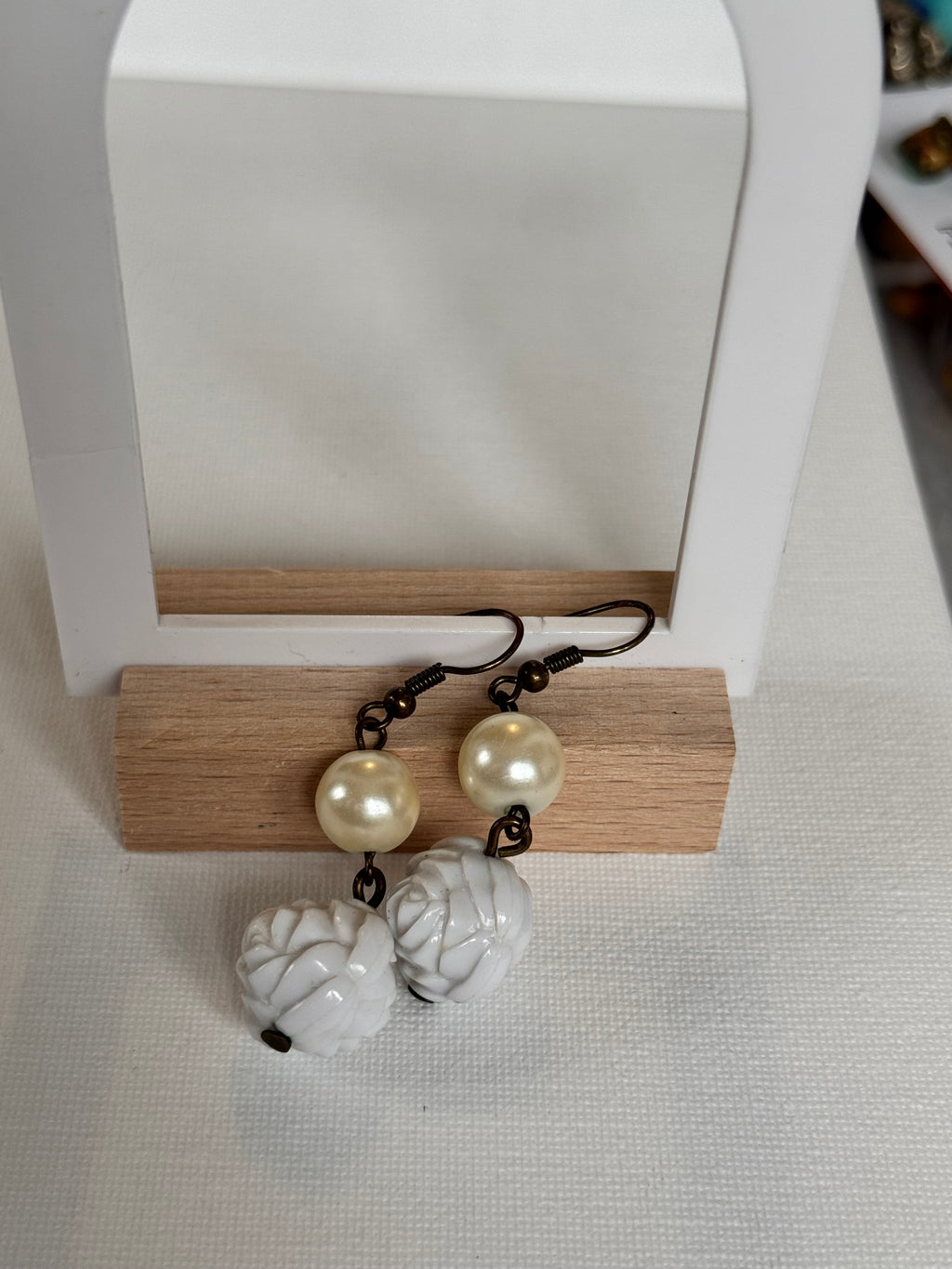 Vintage Faux Pearl & White Rose Drop Earrings