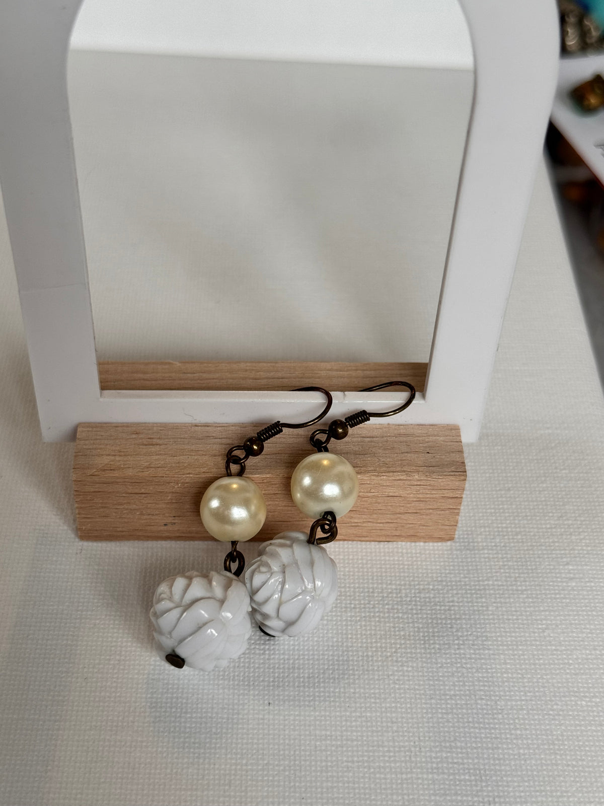 Vintage Faux Pearl & White Rose Drop Earrings