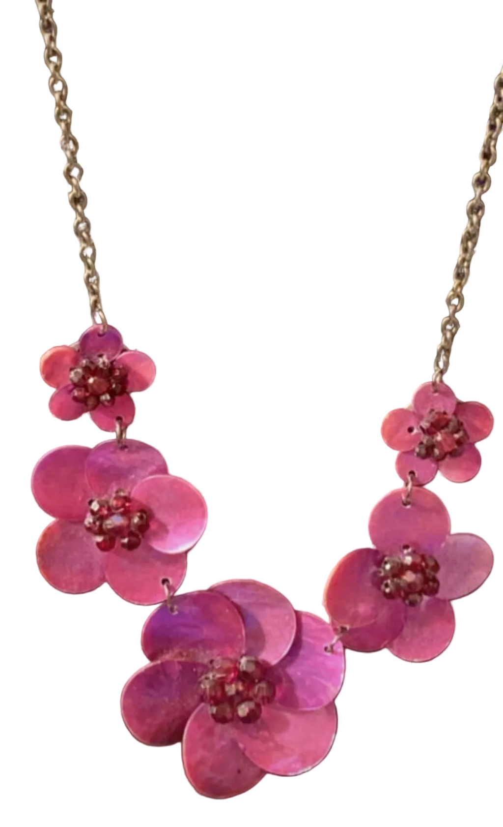 Vintage Handmade Pink Shell Flower Necklace on Princess Length Chain