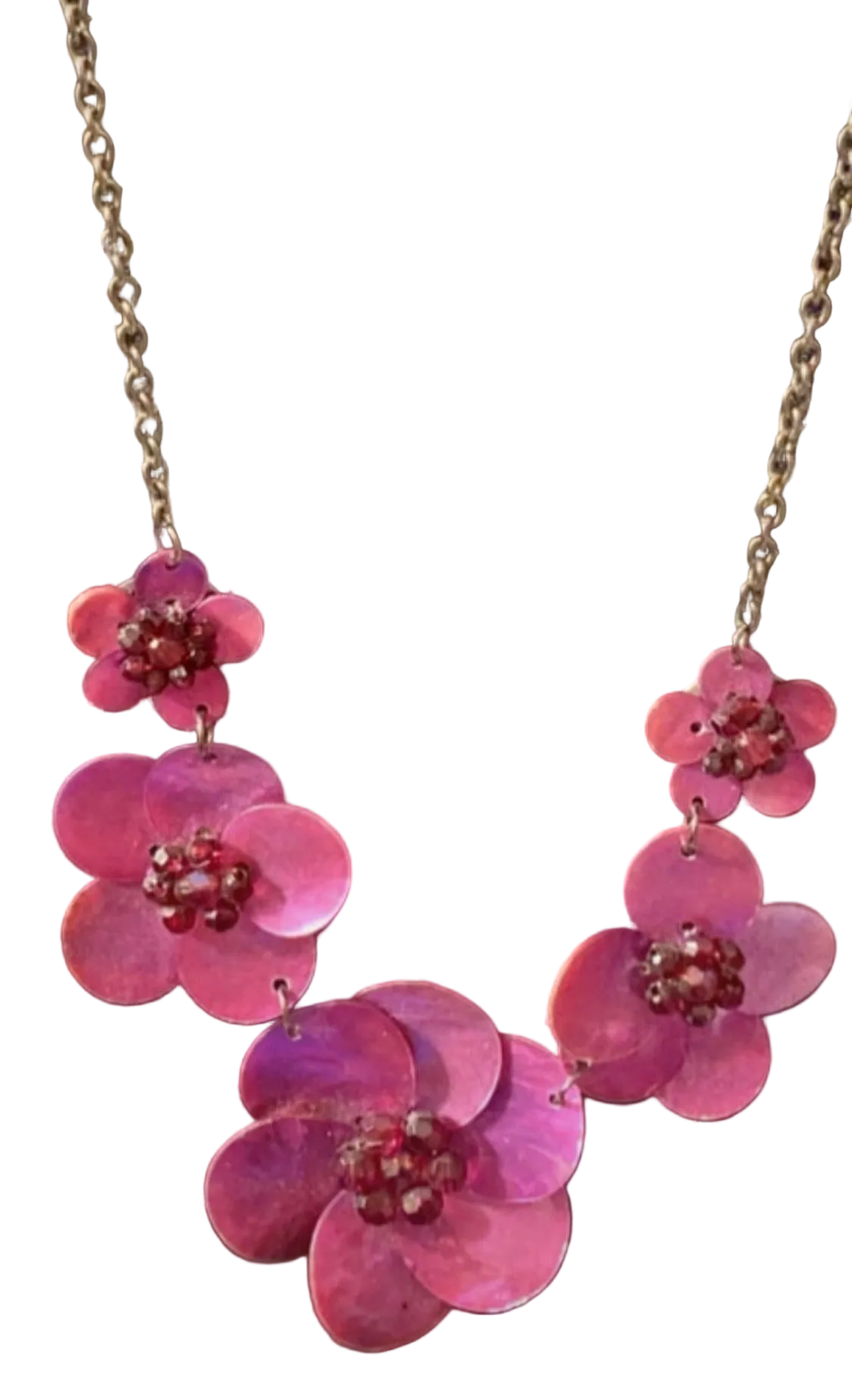 Vintage Handmade Pink Shell Flower Necklace on Princess Length Chain