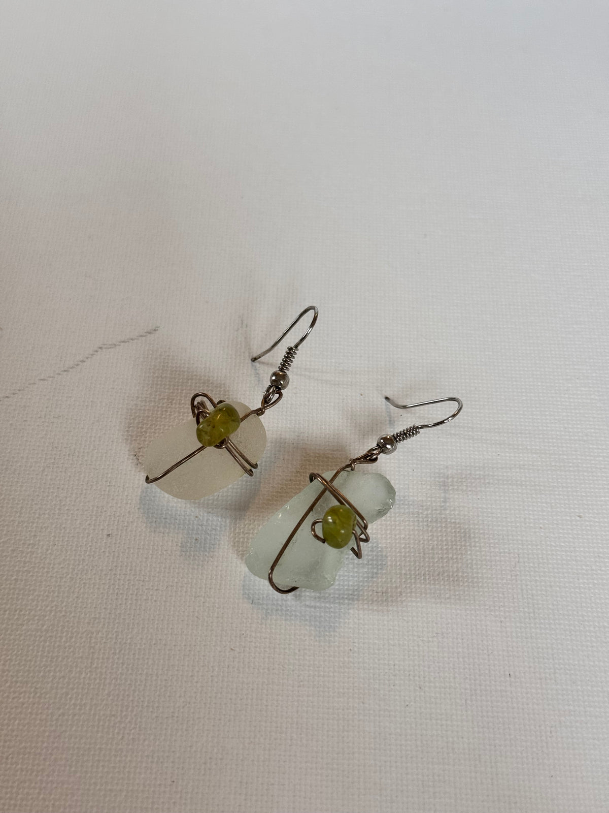 Sea Glass & Green Stone Wire-Wrapped Drop Earrings