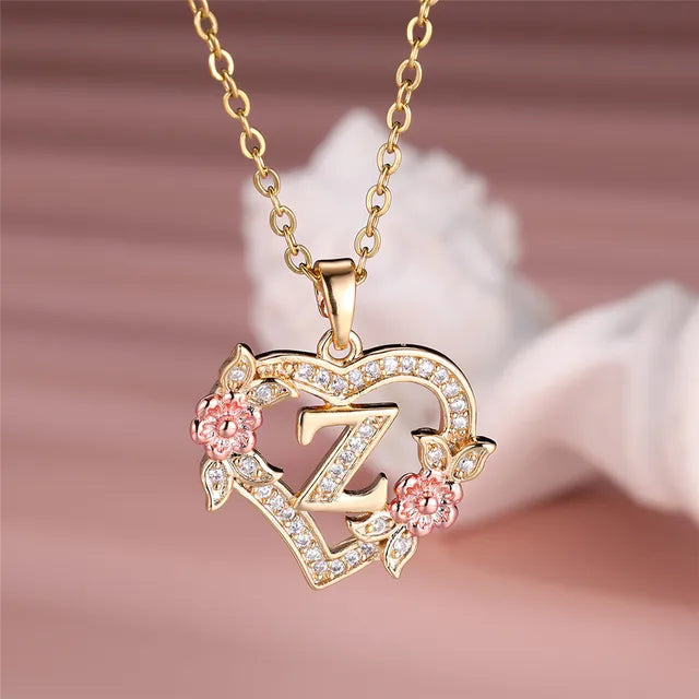 The letter Z in a heart pendant necklace with rhinestones