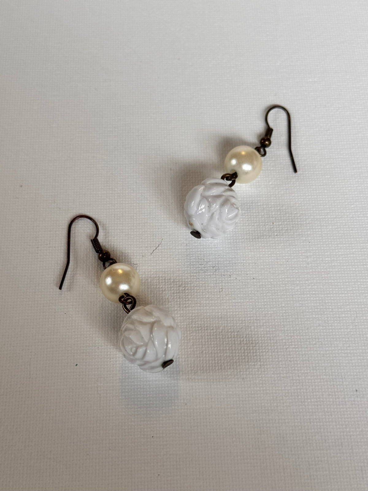 Vintage Faux Pearl & White Rose Drop Earrings