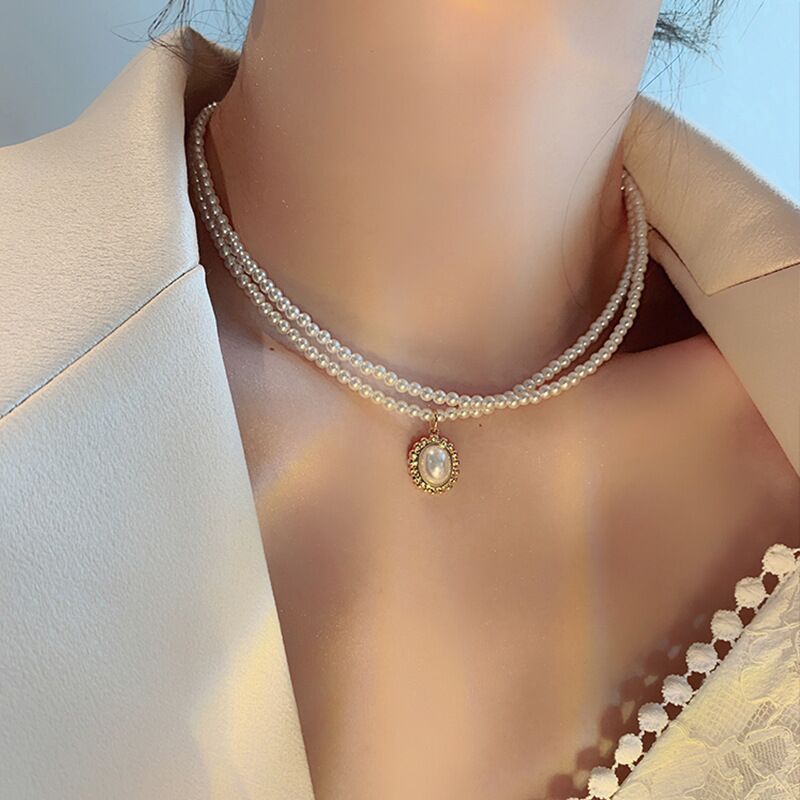 Vintage Double Layer Faux Pearl Necklace with Oval Pendant for Women