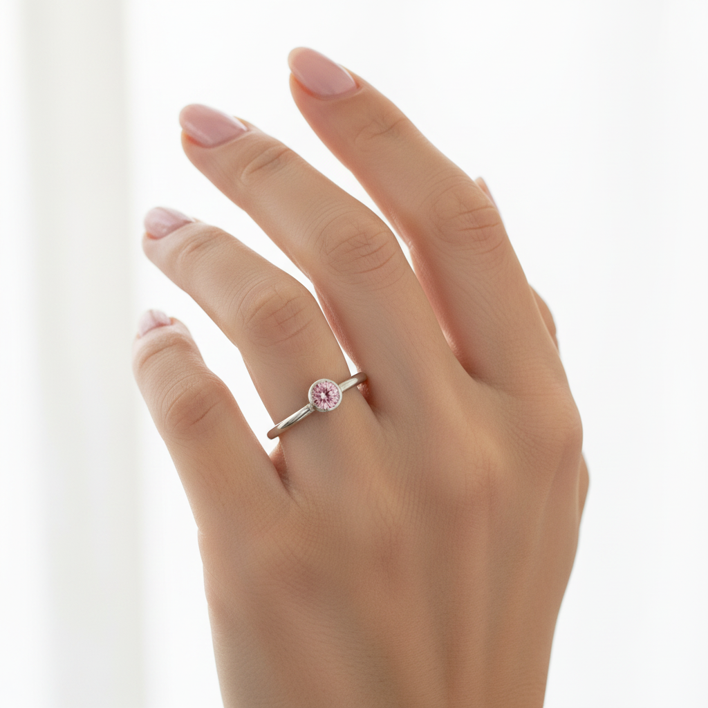 Handmade Sterling Silver Band Ring | Certified Pink Moissanite | Size Q