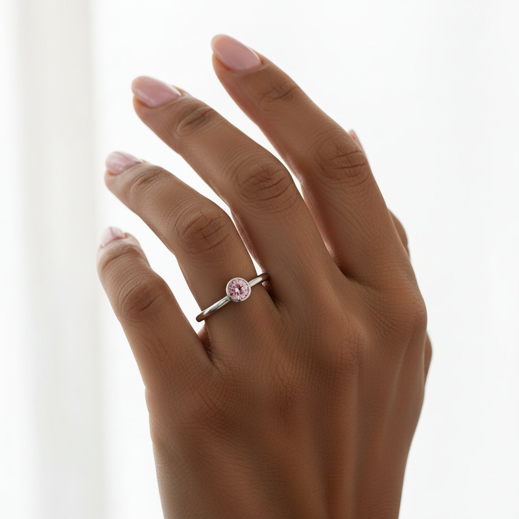 Handmade Sterling Silver Band Ring | Certified Pink Moissanite | Size Q
