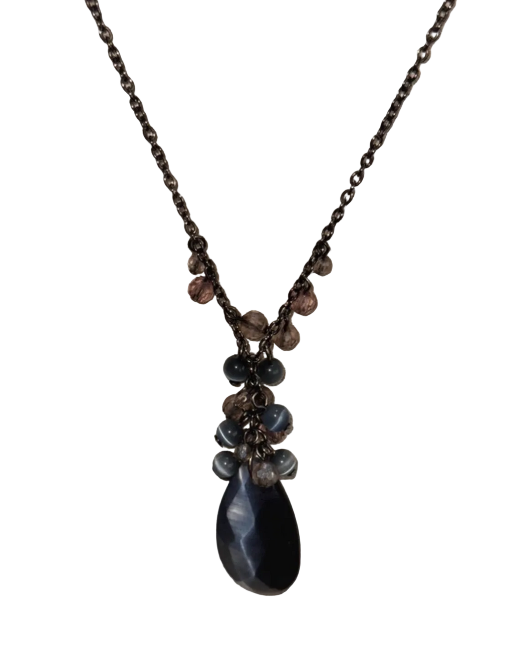 A dark bronze chain necklace featuring a beaded pendant with a large teardrop-shaped dark blue/black stone and smaller dark gray and brown beads, shown against a plain white background. Vintage Iridescent Lariat Necklace