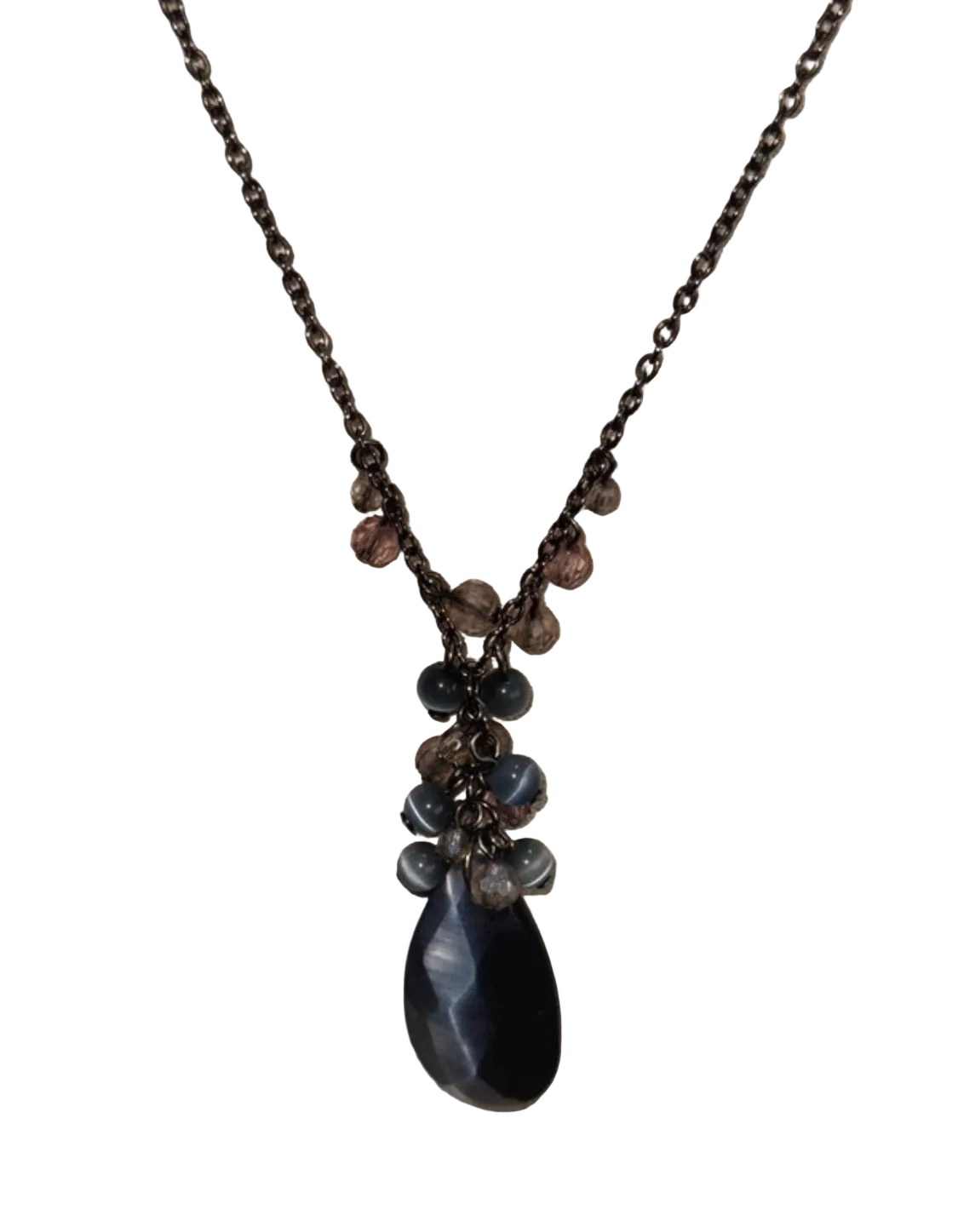 A dark bronze chain necklace featuring a beaded pendant with a large teardrop-shaped dark blue/black stone and smaller dark gray and brown beads, shown against a plain white background.