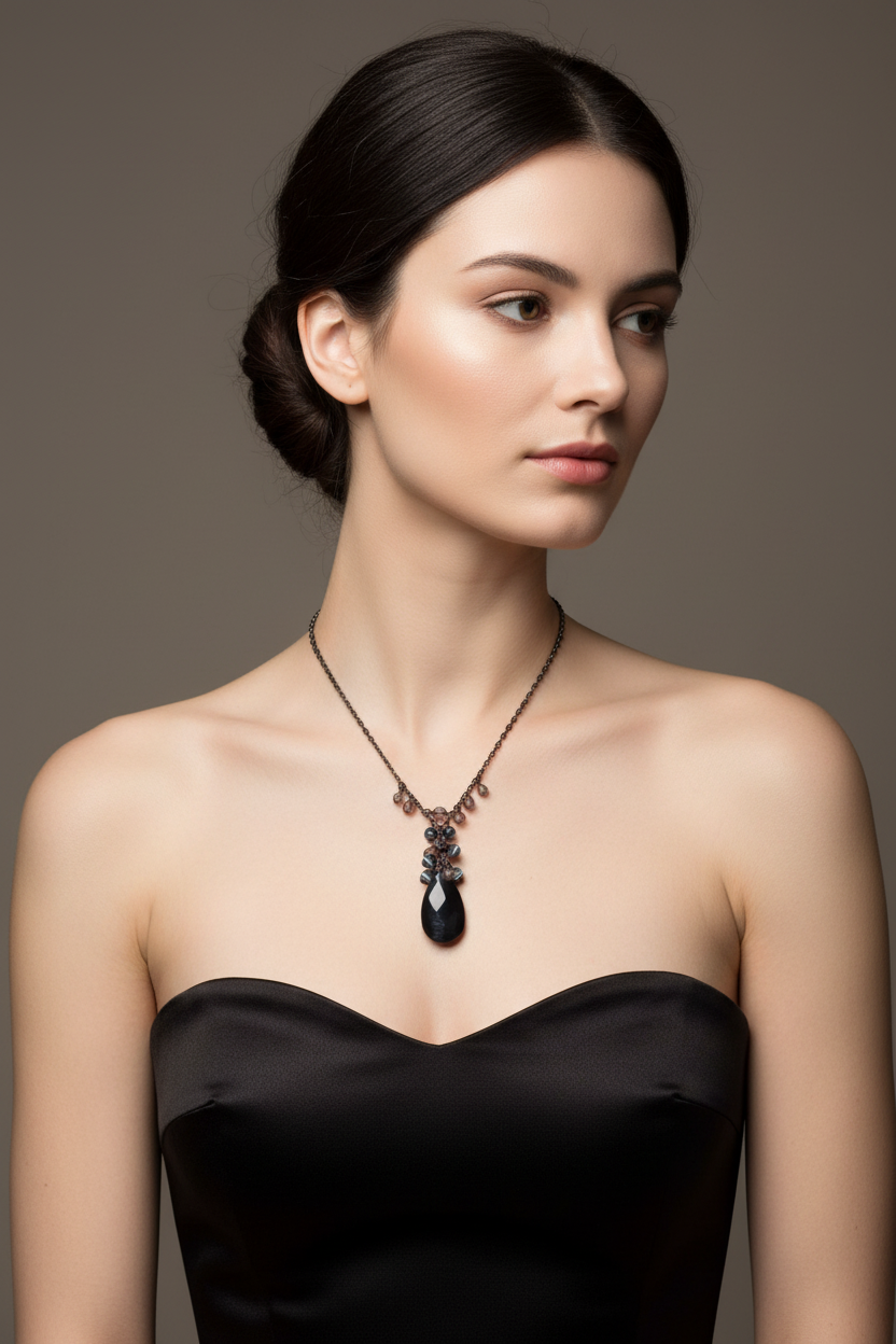 The Vintage lariat style necklace as it would have been worn originally. This is an Ai photo of the necklace.