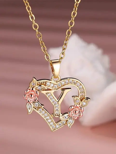 The letter Y in a heart pendant necklace with rhinestones