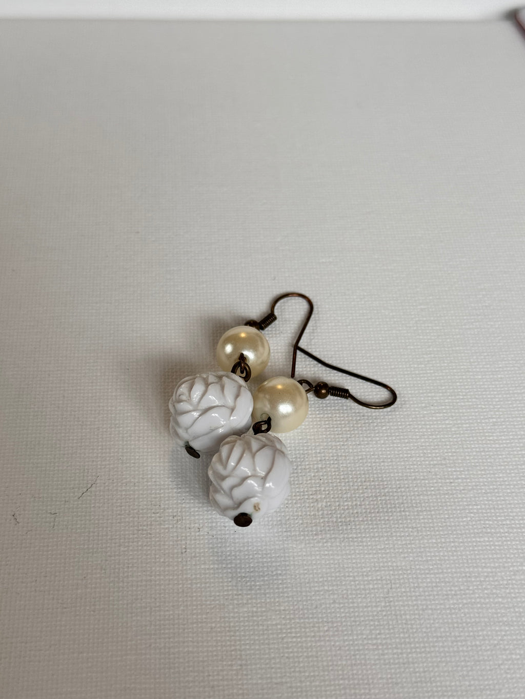 Vintage Faux Pearl & White Rose Drop Earrings