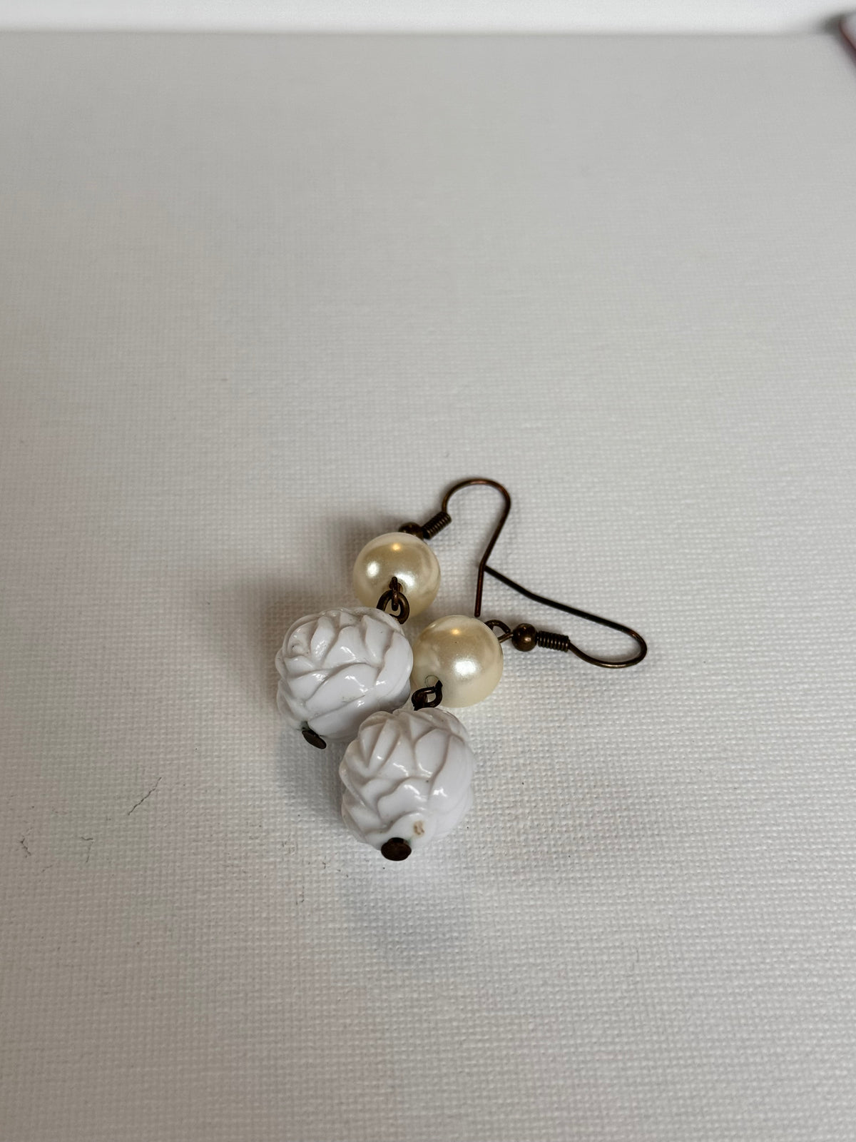 Vintage Faux Pearl & White Rose Drop Earrings