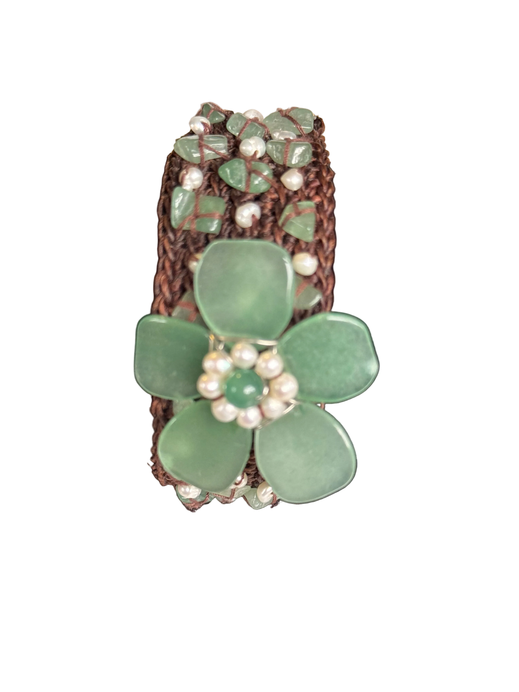 Vintage Green Jade & Seed Pearl Woven Bracelet with Jade Flower Centrepiece