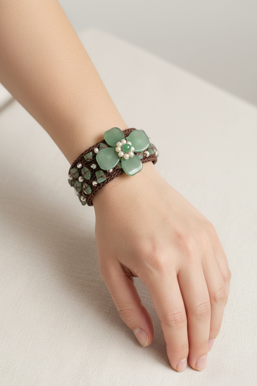 Vintage Green Jade & Seed Pearl Woven Bracelet with Jade Flower Centrepiece