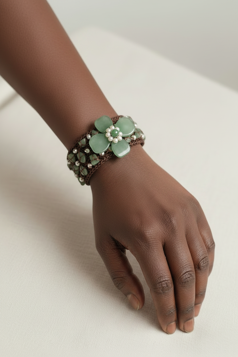 Vintage Green Jade & Seed Pearl Woven Bracelet with Jade Flower Centrepiece