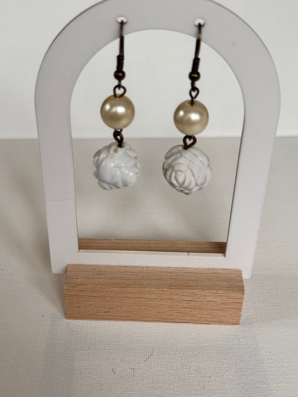 Vintage Faux Pearl & White Rose Drop Earrings