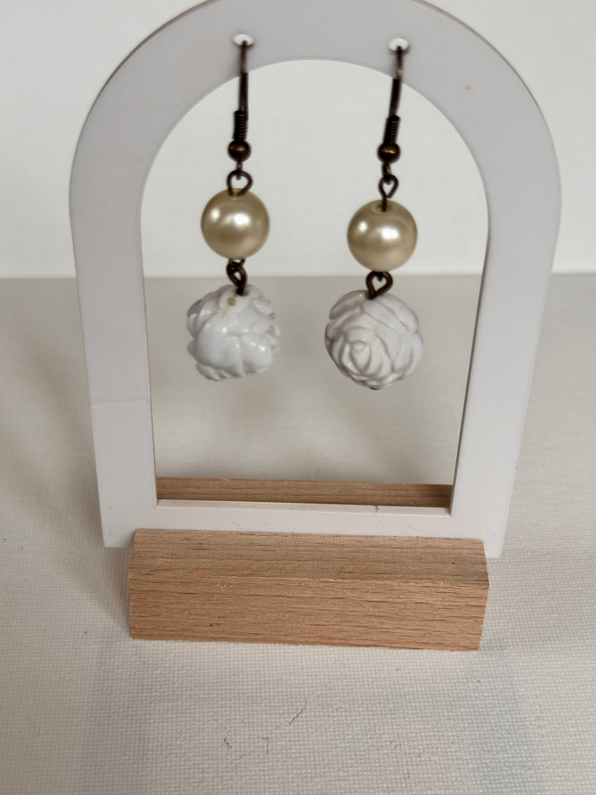 Vintage Faux Pearl & White Rose Drop Earrings