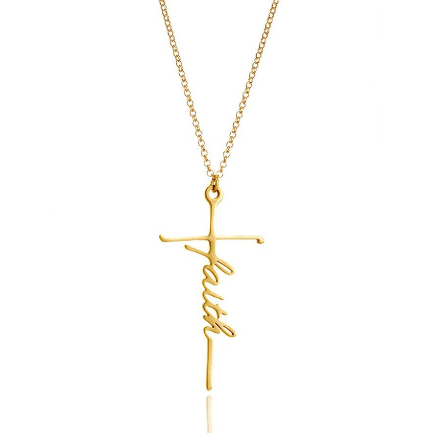 This is the gold tone style faith cross against a white back ground. A close up image