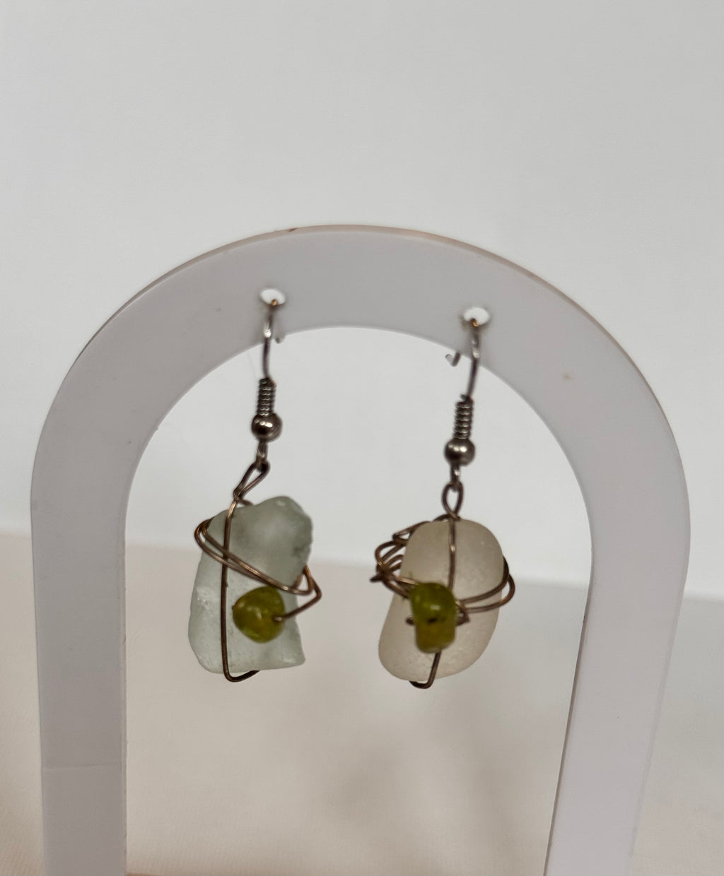 Sea Glass & Green Stone Wire-Wrapped Drop Earrings