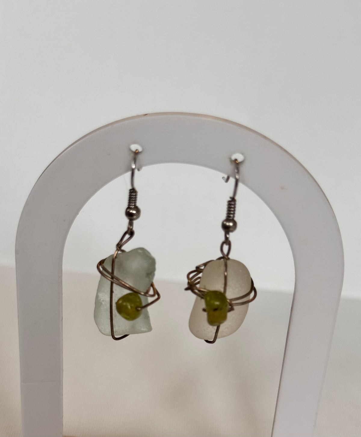 Sea Glass & Green Stone Wire-Wrapped Drop Earrings