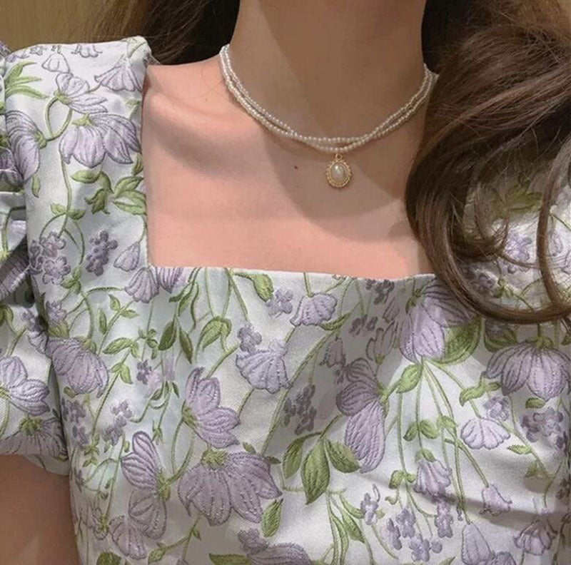 Vintage Double Layer Faux Pearl Necklace with Oval Pendant for Women