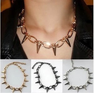 80's Dog Collar Spike Necklace in Gold tone silver tone & Black. This image shows all 3 colours