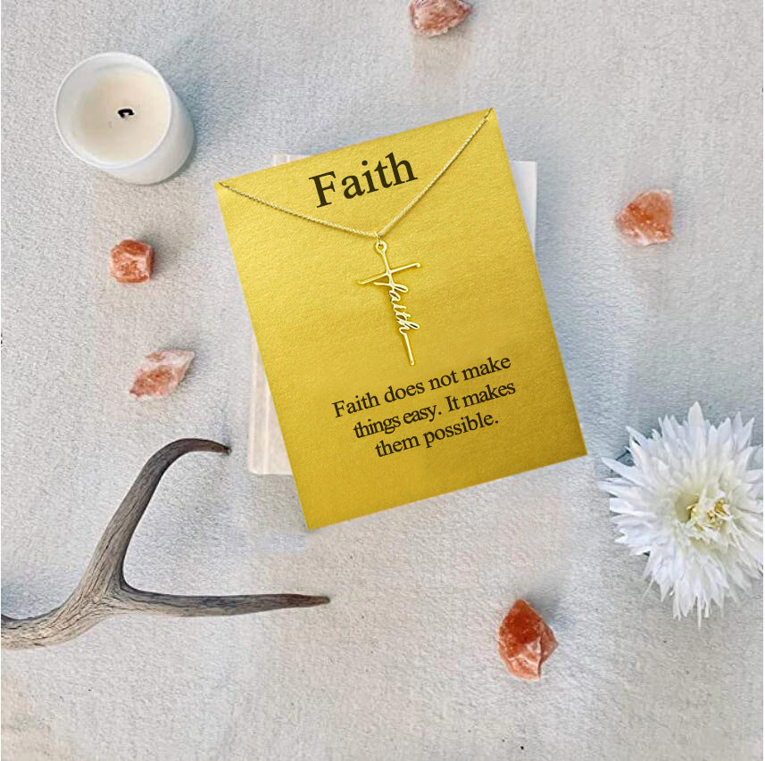 Displayed on a card that says Faith does not make it easy but makes it possible. How true! The card is in Yellow and the background is textured white with a candle, some raw stones and a white flower